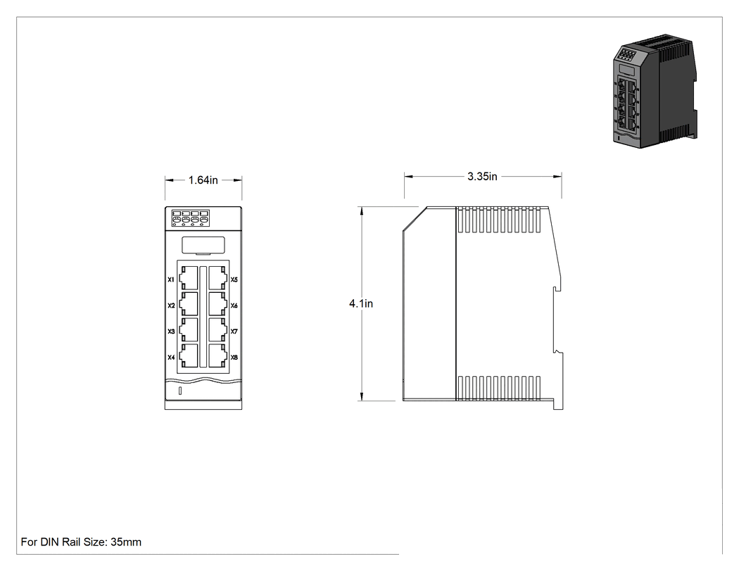 Teknik Çizim - Cihaz Öncelikli Ethernet Anahtarı, Port Yansıtma ve 8 RJ45 Soketli, DIN Rayı Montajı