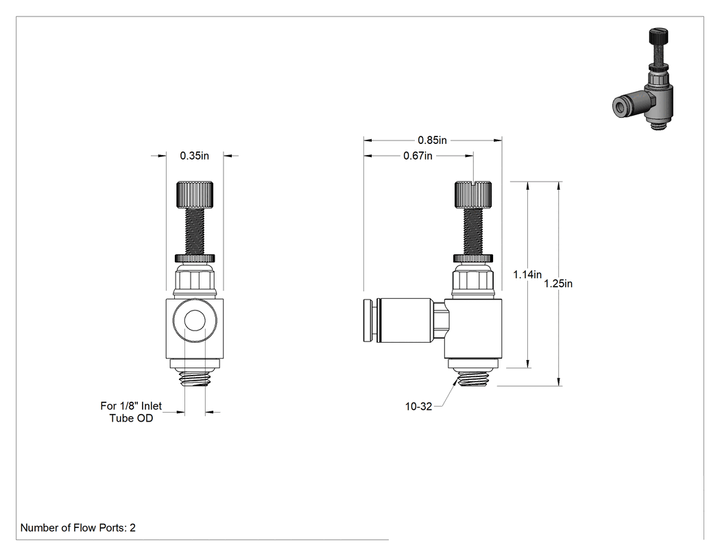 Teknik Çizim - Dirsek Hava Akış Kontrol Vanası, Naylon, 1/8" Push-Connect Giriş x 10-32 UNF Çıkış