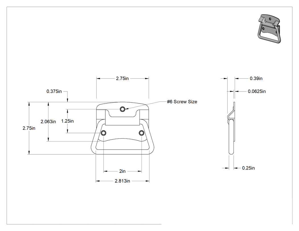 Teknik Çizim - Montaj Plakalı Yuvarlak Katlanır Çekme Kolu, Parlak Çinko Kaplı Çelik, 3-5/16" Genişlikte Tutamak