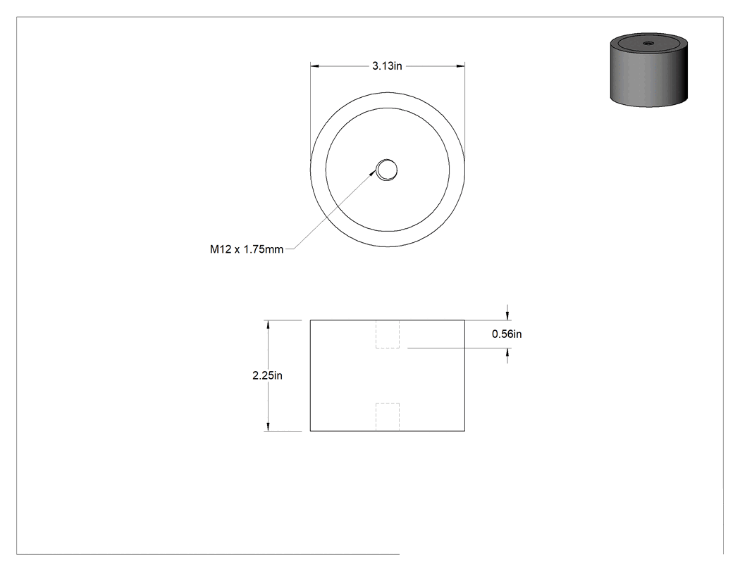 Teknik Çizim - Doğal Kauçuk Titreşim Sönümleyici Sandviç Montaj, M12 x 1.75 mm Dişli Çelik Ek Parçalı, 720 lbs. Kapasite