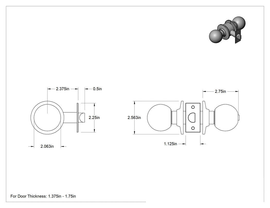 Teknik Çizim - Assa Abloy Accentra (Yale) 4600 Kapı Topuzu, Düğme Kilitli, 2-3/8" Boğaz Mesafesi