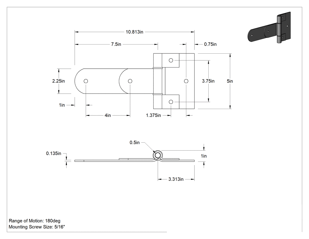 Teknik Çizim - Ağır Hizmet Tipi Kayış Menteşesi, 304 Paslanmaz Çelik, 2-1/4" x 7-1/2" Kapı Kanadı
