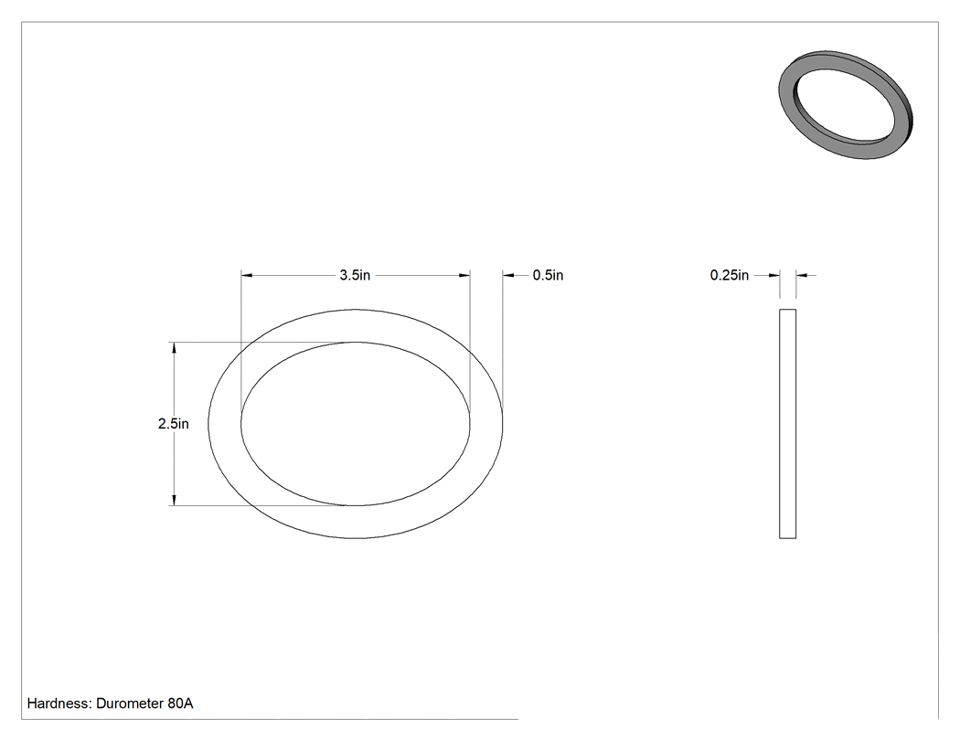 Teknik Çizim - Yüksek Sıcaklık EPDM Kazan Contası, Oval, 2-1/2" Yükseklik x 3-1/2" İç Genişlik, 1/2" Genişlik