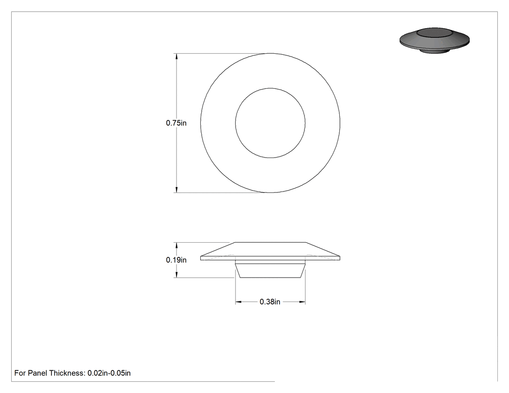 Teknik Çizim - Panel Tapaları, Takılabilir, Polietilen, 3/8" İç Çap ve 0.050" Maksimum Kalınlık için, Siyah