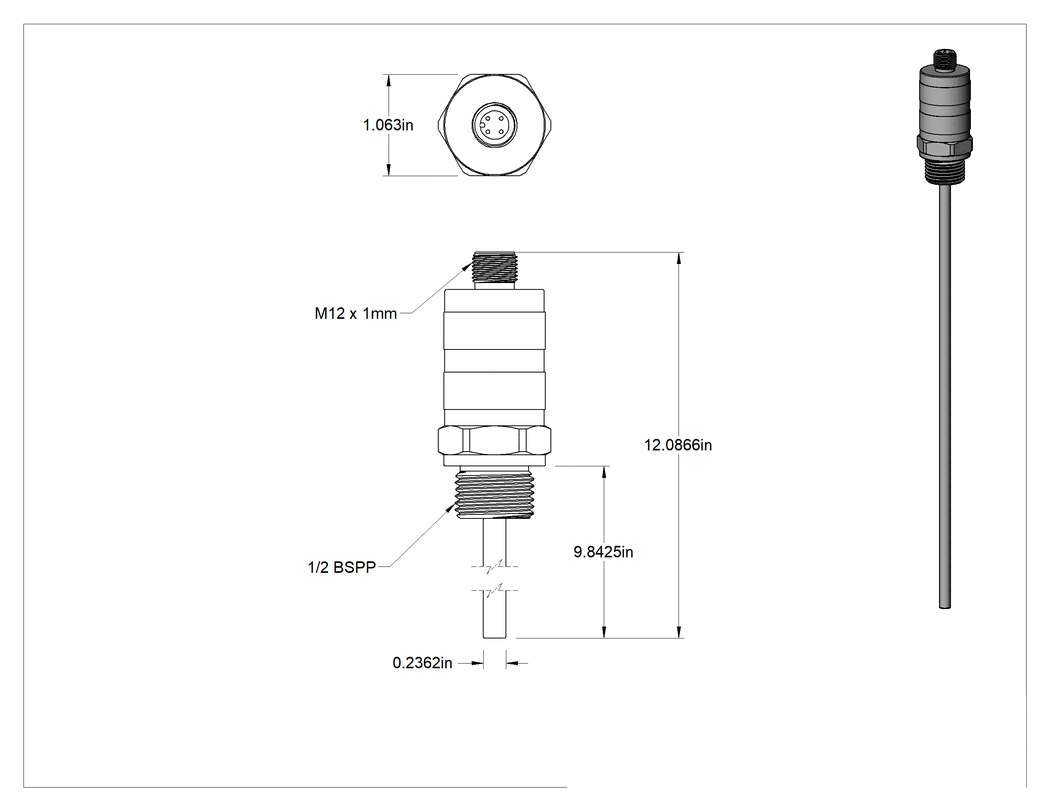 Teknik Çizim - Elektronik Sıcaklık Şalteri, Çift Ayar Noktası, 1 Kapalı ve 1 Açık, 1/2 BSPP Erkek Paslanmaz Çelik Prob