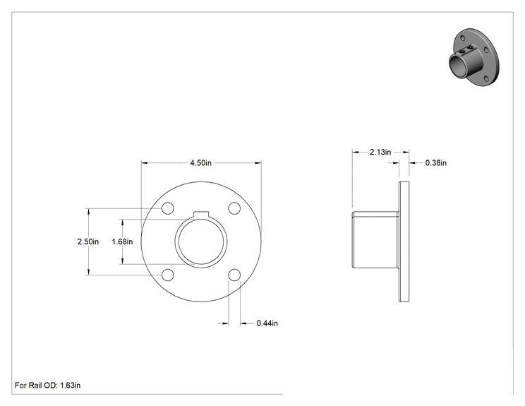 Teknik Çizim - Alüminyum Giydirme Bağlantı Parçası, 1-5/8" Ray Dış Çapı için 4 Delikli Yuvarlak Flanşlı Ray Ucu