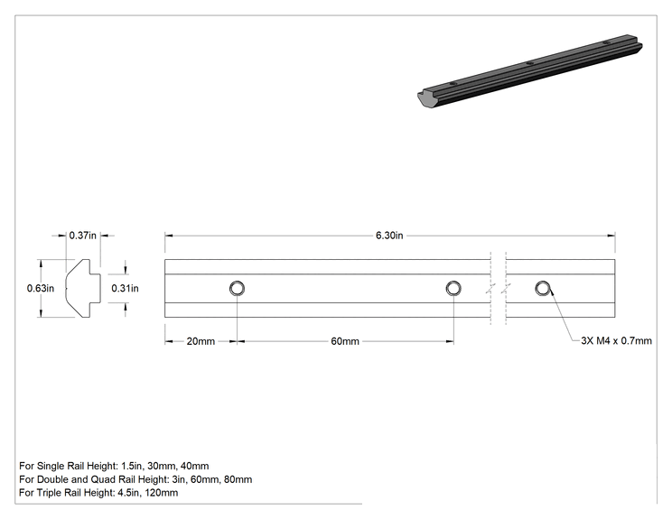 Teknik Çizim - T-Yivli Çerçeve, Gizli Montaj Plakası, 6-5/16" Uzunluk x 5/8" Genişlik