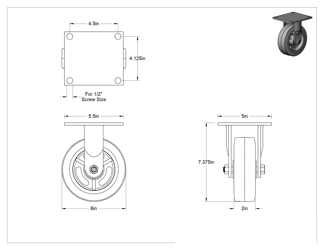 Teknik Çizim - 5-1/2" x 5" Montaj Plakalı Tekerlek, Samson, 6" Çaplı Siyah Kauçuk Tekerlekli Sert