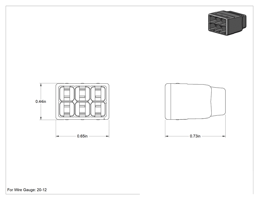 Teknik Çizim - Hızlı Bağlantılı Takmalı Tel Konektörleri, 600V AC/DC Maksimum, 6 Tel için, Gri ve Şeffaf