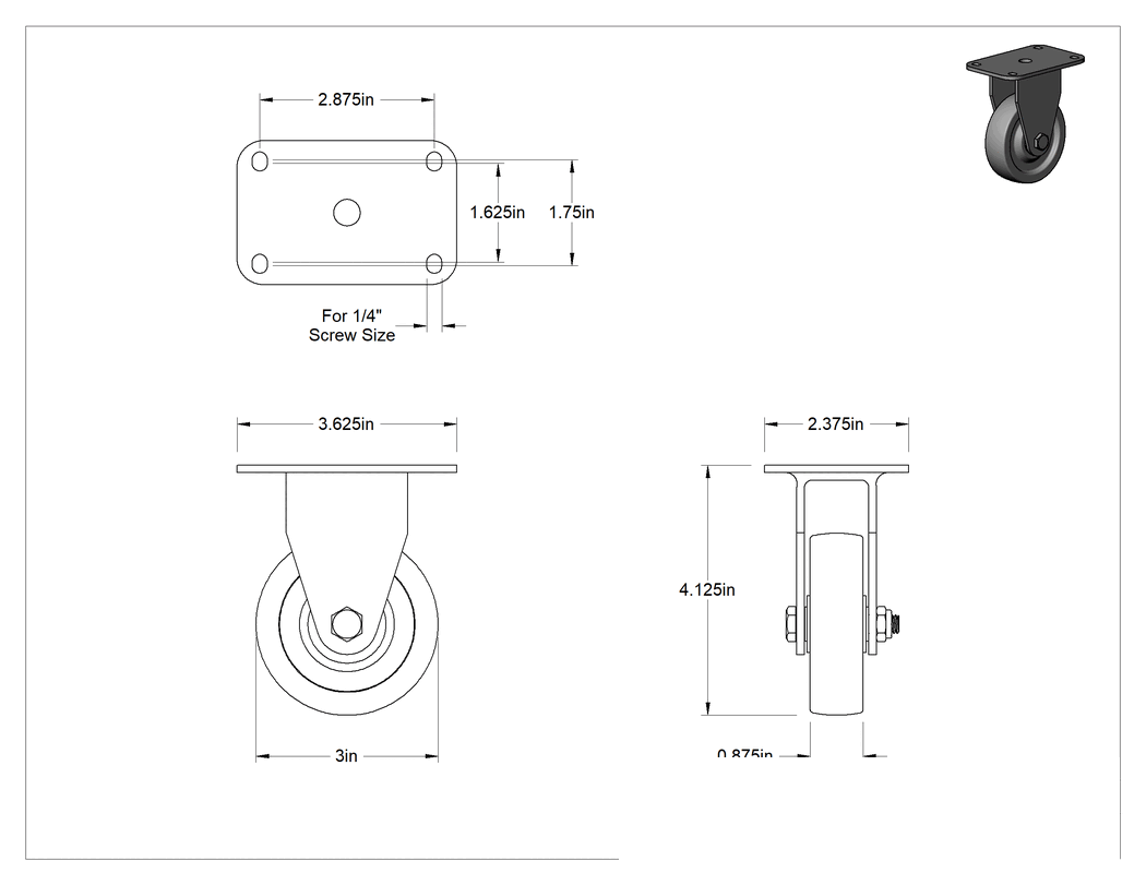 Teknik Çizim - Paslanma ve Aşınmaya Dayanıklı Tekerlek, 3" Çapında 80D Durometreli Kauçuk Tekerlekli Sert