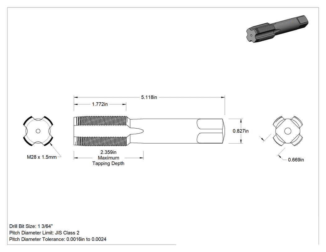 Teknik Çizim - Kılavuz, Alt Pah, M28 x 1.5 mm Diş Boyutu