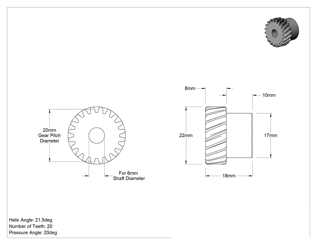 Teknik Çizim - Yüksek Güçlü Metal Dişli, Paralel, 4140 Alaşımlı Çelik, 1 Modül, 20 Diş, Sol Yönlü