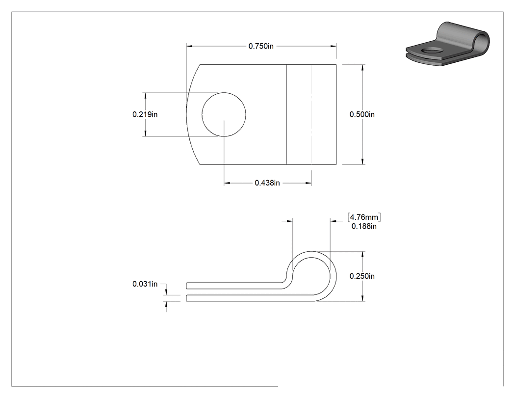 Teknik Çizim - Alüminyum Halka Kelepçe, 3/16" İç Çap, 3/4" Uzunluk