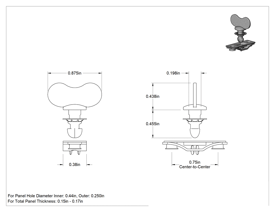 Teknik Çizim - Çinko Kaplı Çelik Çeyrek Dönüşlü Sabit Panel Vidası, Perçin Montaj Somunu, Kanat Başlığı, 0.15"-0.17" Toplam Kalınlık için