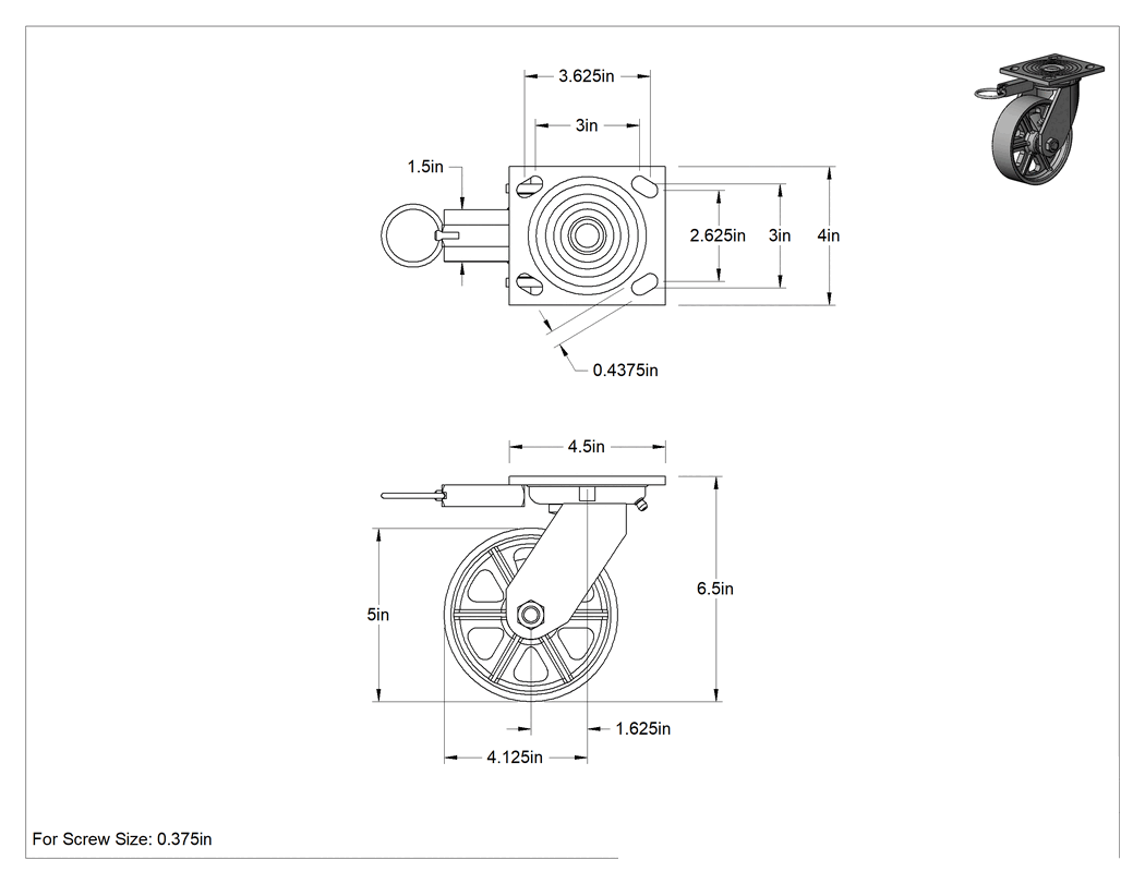 Teknik Çizim - 4-1/2" x 4" Montaj Plakalı Samson Tekerlek, Döner Kilitli ve 5" Çapında Metal Tekerlekli Döner