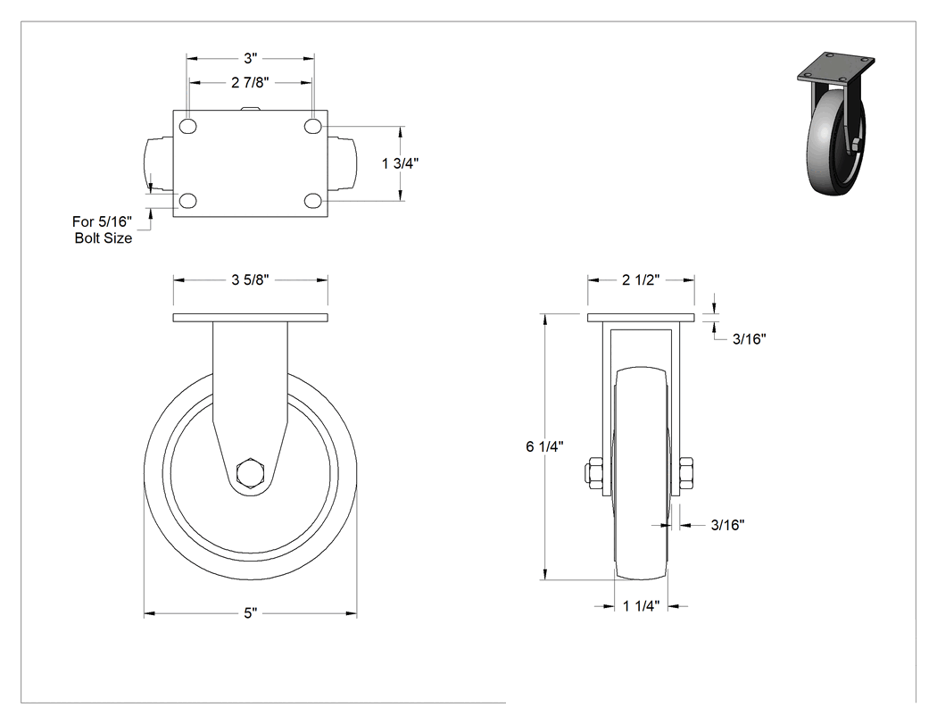 Teknik Çizim - Paslanma ve Aşınmaya Dayanıklı Tekerlek, 5" Çapında Kauçuk Tekerlekli Sert
