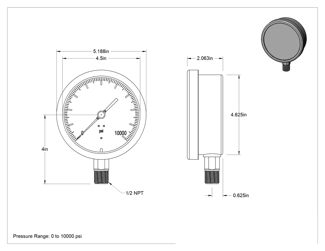 Teknik Çizim - Paslanma ve Aşınmaya Dayanıklı Basınç Test Göstergesi, NIST Sertifikalı, 1/2 NPT Erkek Alt Bağlantı, 0-10000 PSI
