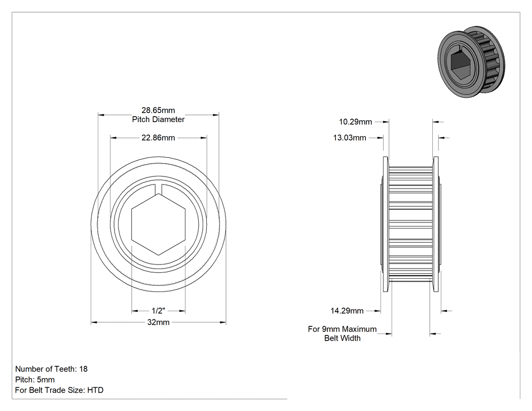 Teknik Çizim - Yüksek Mukavemetli HTD Triger Kayışı Kasnağı, Altıgen Delikli, 9 mm maksimum kayış genişliği için, 32 mm Dış Çap