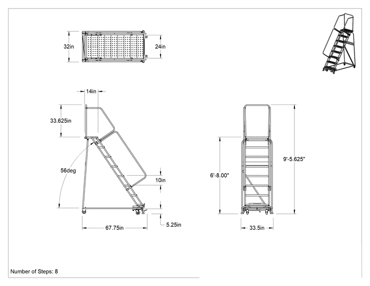 Teknik Çizim - Yuvarlanan Delikli Platform Merdiveni, Montajlanmamış, 8 Adım, 6'8" Yükseklik x 14" Derinlik Platform