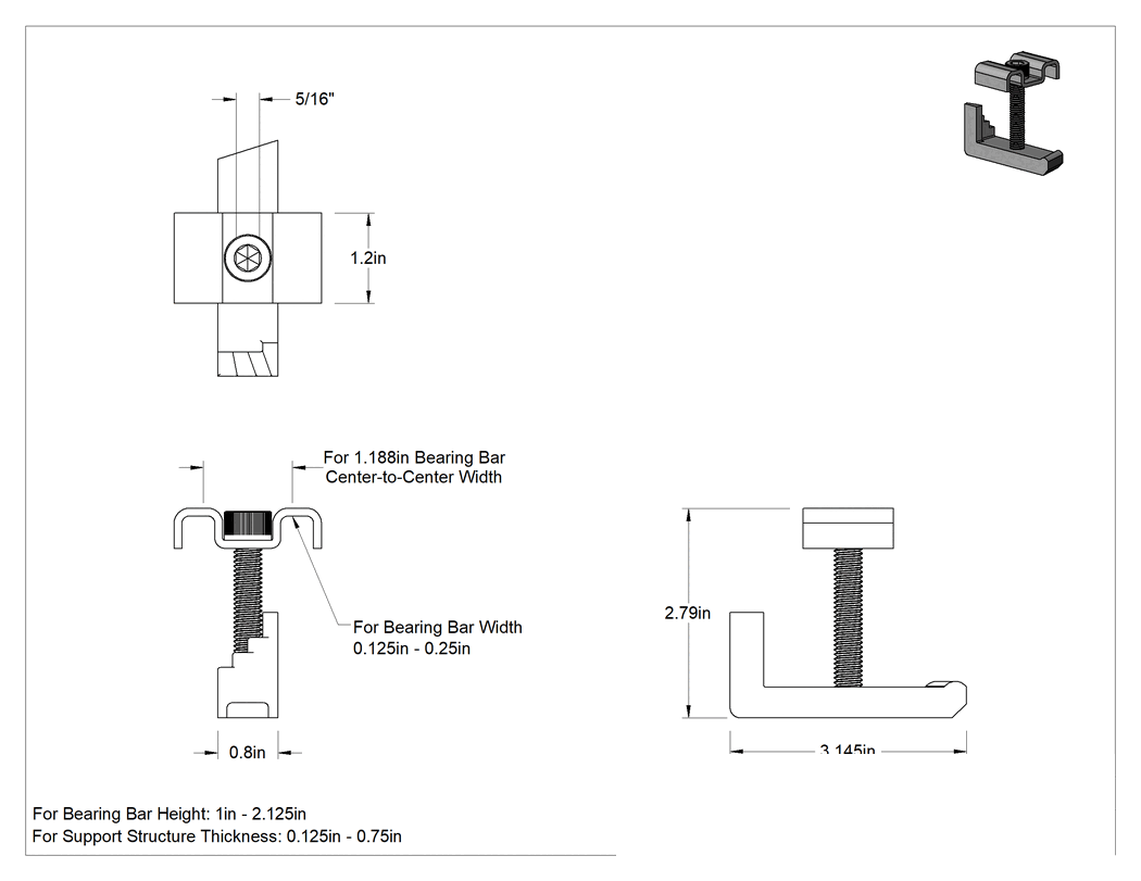 Teknik Çizim - Metal Çubuk Izgara Klipsi, Galvanizli Çelik, 1" ila 2-1/8" Taşıyıcı Lama Yüksekliği için