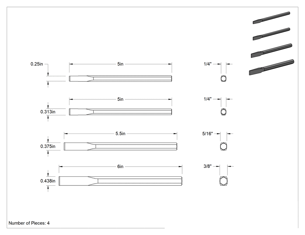 Teknik Çizim - Metal için Pürüzsüz Saplı Keski, 4-Parça Set, Keski Uzunluğu S 5-1/2", 5", ve 6"