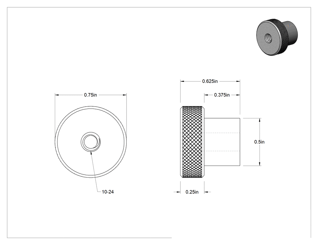 Teknik Çizim - 303 Paslanmaz Çelik Tırtıllı Düğme, 10-24 Dişli Delikli, 3/4" Çaplı Başlık