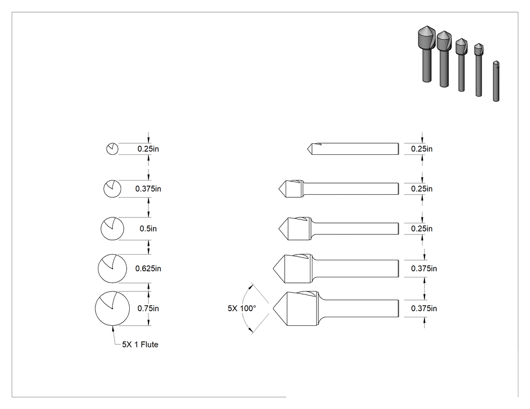 Teknik Çizim - Karbür Havşa, Perçinler için, TiCN Kaplamalı, 1 Yiv, 5 Parça Seti