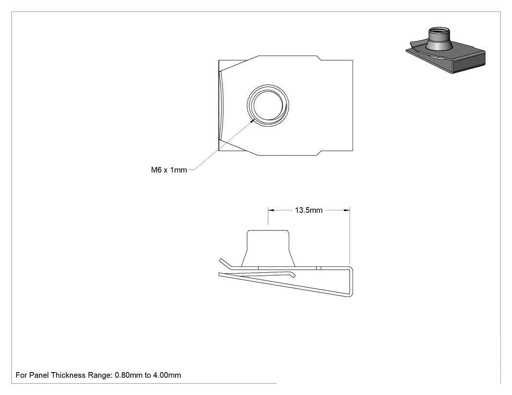 Teknik Çizim - Çelik Güçlü Kavrama Klipsli Namlu Somunları, M6 x 1mm, 0.8-4 mm Panel için, 13.5 mm Delik Merkezi - Kenar Mesafesi