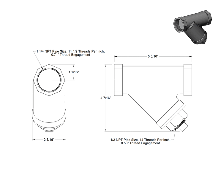 Teknik Çizim - Düşük Basınçlı Bronz Y-Süzgeç, Hasır Elekli, 1-1/4 NPT, 20 Mesh