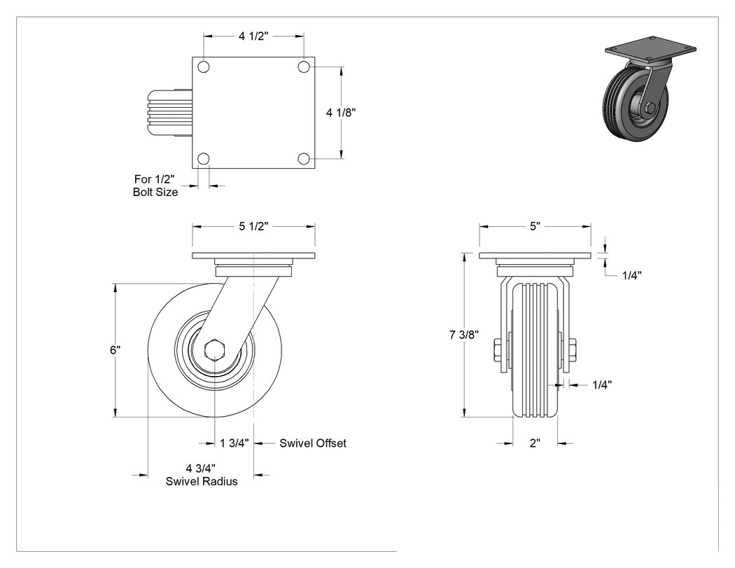 Teknik Çizim - 5-1/2" x 5" Montaj Plakalı Tekerlek, Düz-Sızdırmaz, 6 inç Çapında Kauçuk Tekerlekli Döner Ayak