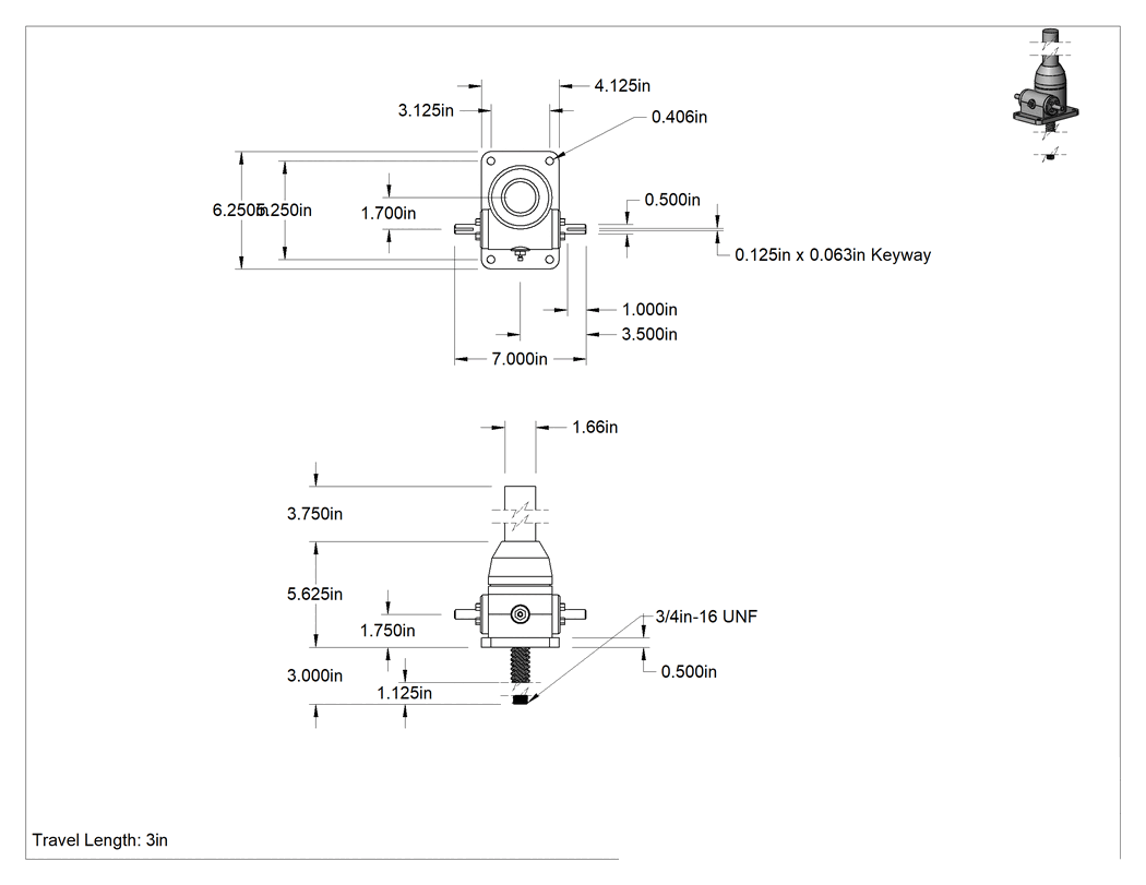 Teknik Çizim - Bilyalı Vidayla Çalışan Kriko, Ters, 3" Hareket Uzunluğu