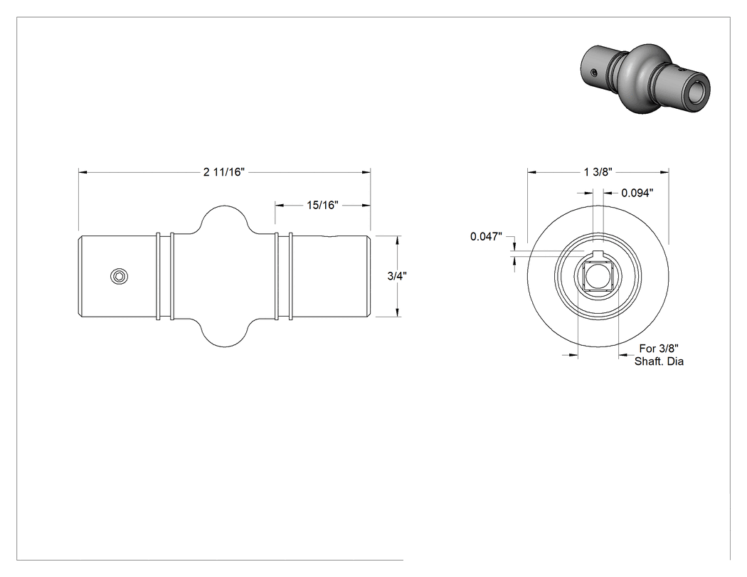 Teknik Çizim - Hijyenik Sızdırmaz Tekli U-Mafsal, FDA Uyumlu, 3/8" Mil Çapı
