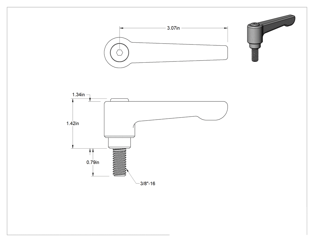 Teknik Çizim - Düşük Profilli Ayarlanabilir Tutamak, 3/8"-16 Dişli 3/4" Uzunlukta Saplamalı, Siyah Naylon