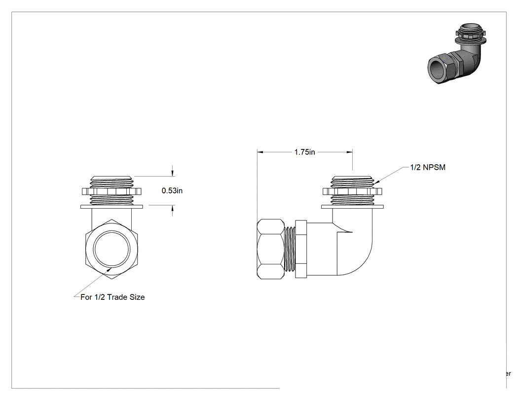 Teknik Çizim - 1/2 Dişi x NPSM Erkek 90 Derece Adaptör, İnce Cidarlı (EMT) Çelik Kanal için