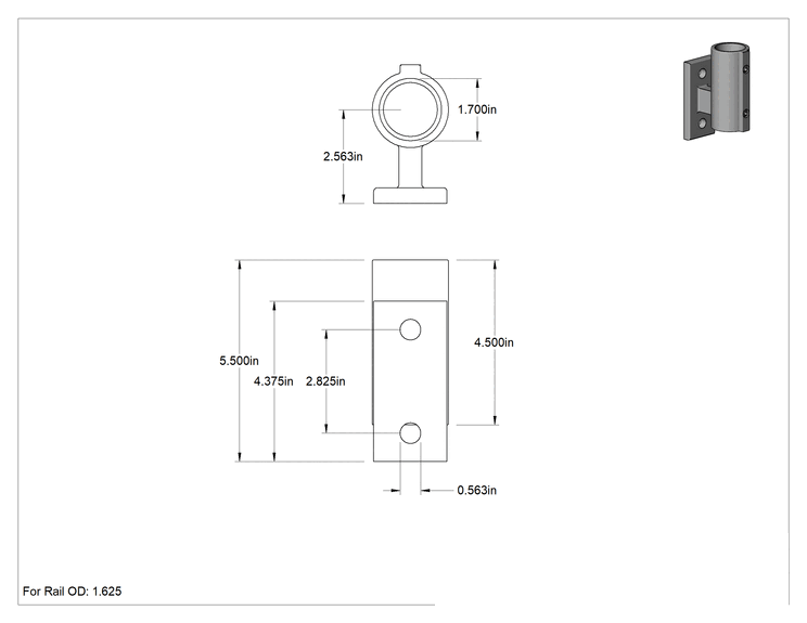 Teknik Çizim - Alüminyum Giydirme Bağlantı Parçası, 1-5/8" Ray Dış Çapı için Dikdörtgen Flanşlı Ray Ucu