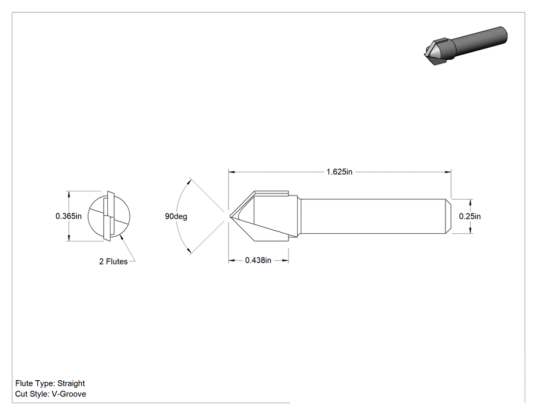 Teknik Çizim - Yivler için V Şeklinde Freze Ucu, 3/8" Kesme Çapı, 7/16" Kesme Uzunluğu