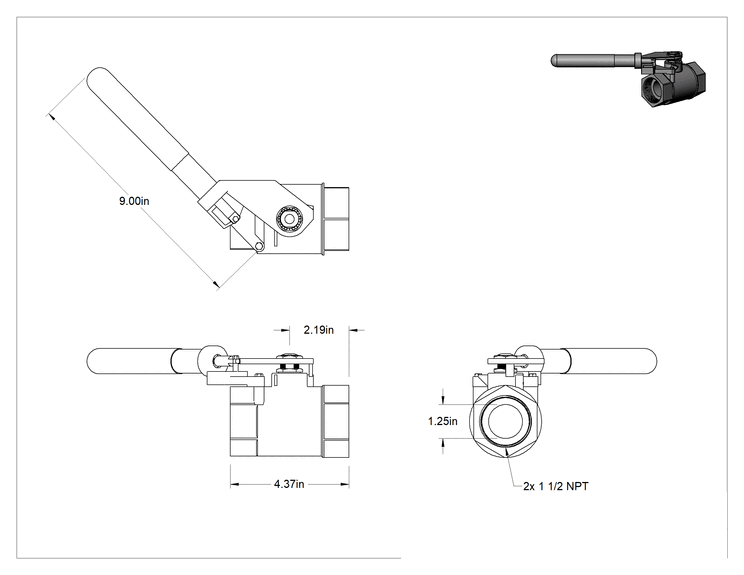 Teknik Çizim - Yüksek Basınçlı Açma/Kapama Valfi, Çelik Gövdeli, Yaylı Kapatma Kolu, 1-1/2 NPT Dişi