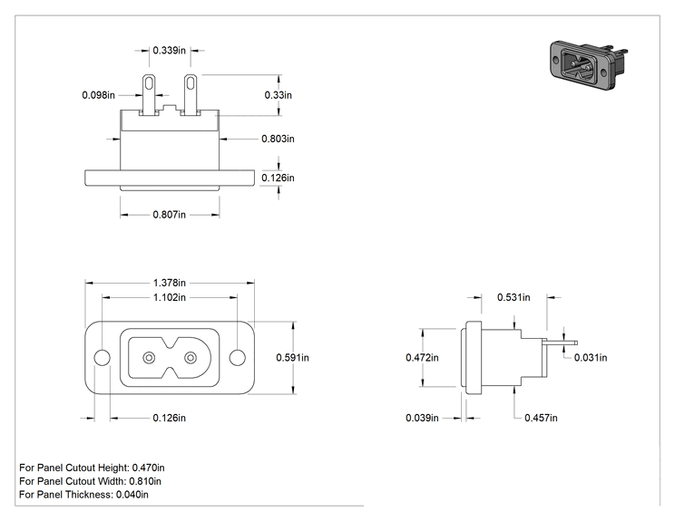 Teknik Çizim - IEC Konektör, Vidalı Erkek, Tırnaklı Terminal, C8 Polarize