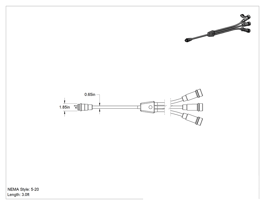 Teknik Çizim - Yıkanabilir Düz Uçlu Konektör için NEMA 5-20 Watt-Splice Güç Kablosu