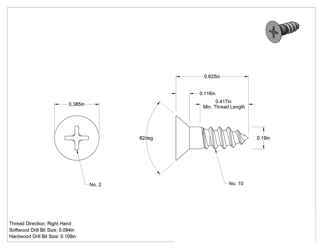 Teknik Çizim - Ahşap için Pirinç Phillips Havşa Başlı Vidalar, 10 Numaralı Boyut, 5/8" Uzunluk