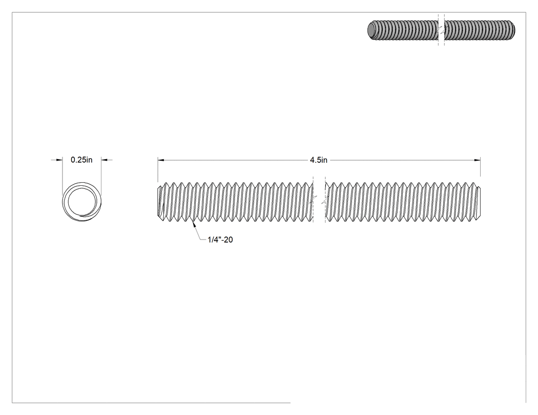 Teknik Çizim - 316 Paslanmaz Çelik Gerdirme - Kaldırma Amaçlı Değil, Sadece Dişli Saplama Ucu Bağlantı Parçası, 1/4"-20 Sol Diş