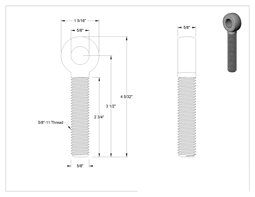 Teknik Çizim - Tam Gijon Ucu Cıvatası, Sağ Yönlü 5/8"-11 Şaft, 3-1/2 inç Şaft Merkez Uzunluğu