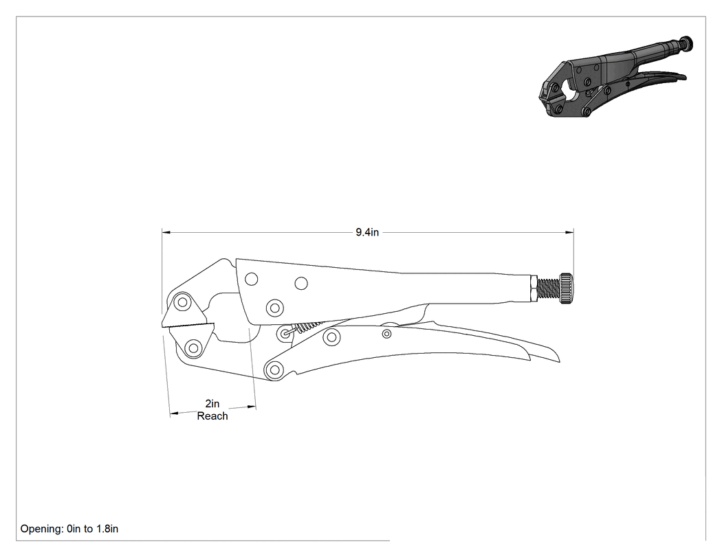 Teknik Çizim - Kilitleme Pense Kelepçesi, Tırtıklı Döner Çene, 0" ila 1-3/4" Açıklık