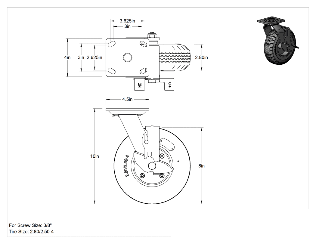 Teknik Çizim - 4-1/2" x 4" Plakalı Tekerlek, Frenli Döner Tekerlek ve 8 inç Çapında Siyah Kauçuk Pnömatik Tekerlek