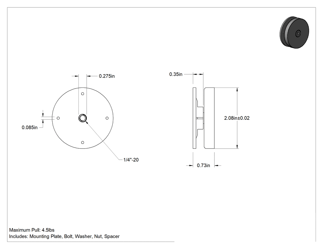 Teknik Çizim - Montaj Plakalı Kapalı Mıknatıs, 0.73" Kalınlık