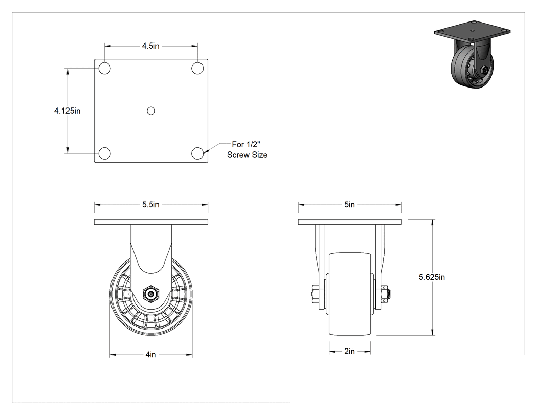 Teknik Çizim - 5-1/2" x 5" Plakalı Yüksek Kapasiteli Spartan Tekerlek, 4" Çapında Naylon Tekerlekli Sert