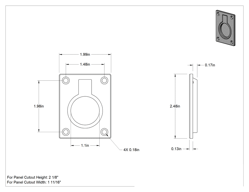 Teknik Çizim - Montaj Plakalı Gömme Katlanır Çekme Kolu, Oval Tutamak, Krom Kaplı Pirinç, 1-1/16" Genişlikte Tutamak