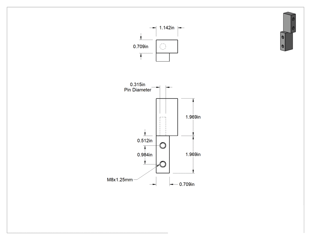 Teknik Çizim - Delikli 303 Paslanmaz Çelik Dar Profilli Kaldırılabilir Menteşe, Sol ve Sağ Taraf Yüzey Montajı, 2" x 3/4" Kanatlar