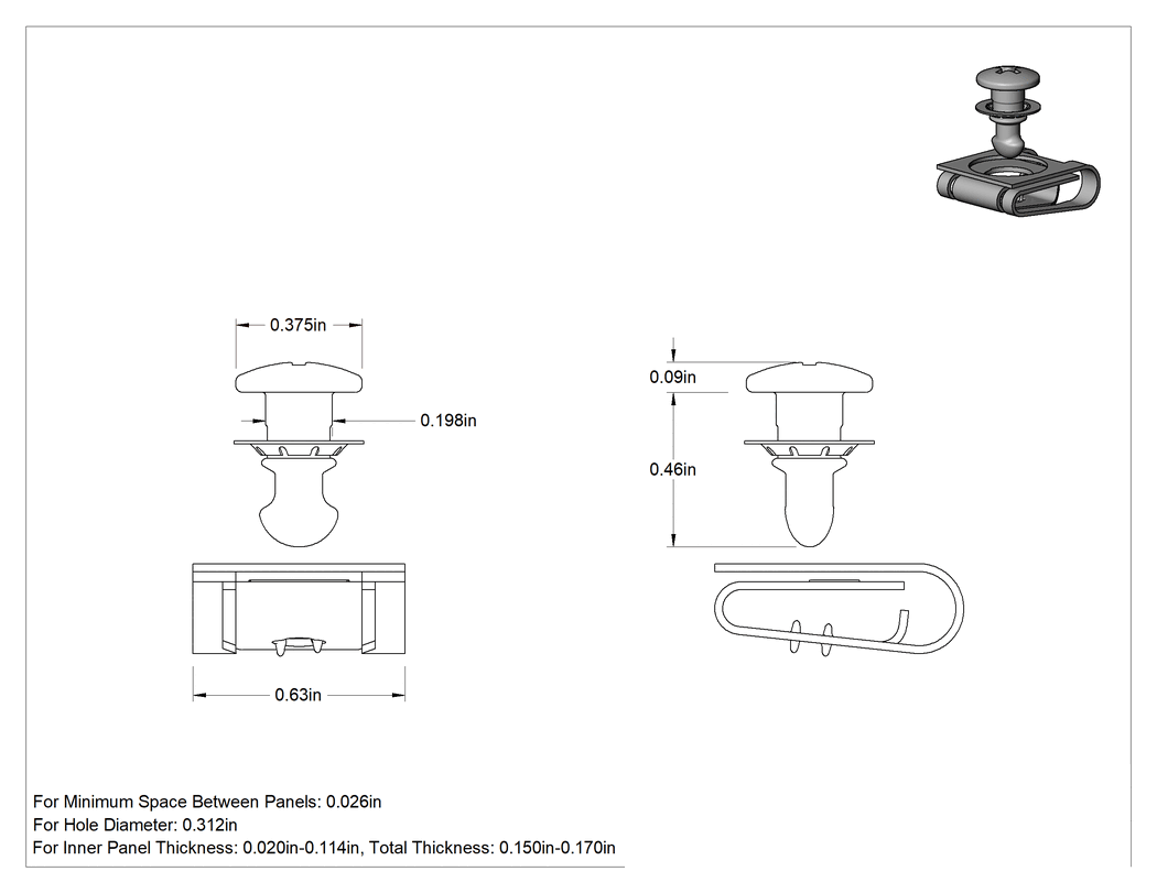 Teknik Çizim - Çinko Kaplı Çelik Çeyrek Dönüşlü Sabit Panel Vidası, Klipsli Somunlu, Phillips, 0.02"-0.114" iç kalınlık için