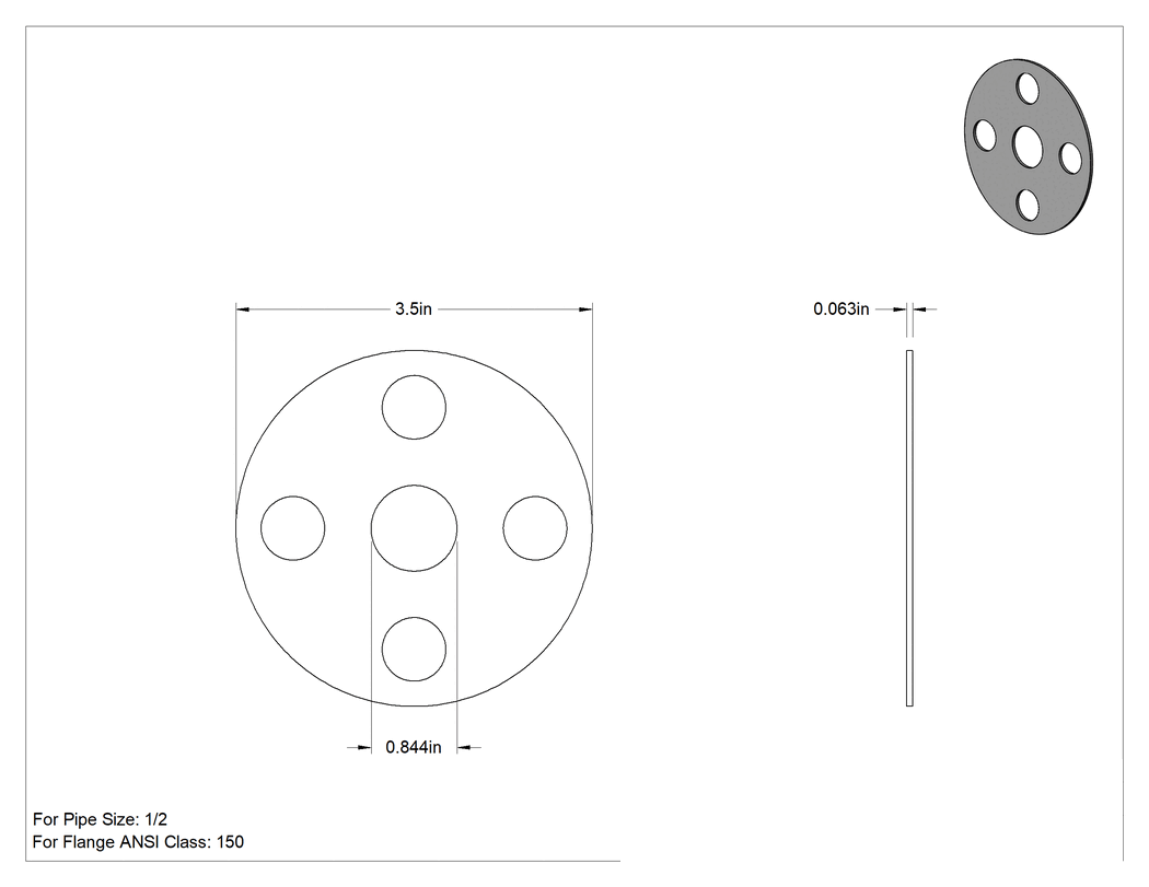 Teknik Çizim - Suya ve Buhara Dayanıklı EPDM Conta, 1/2 Boru Boyutu için Cıvata Delikli, ANSI 150, 1/16" Kalınlık